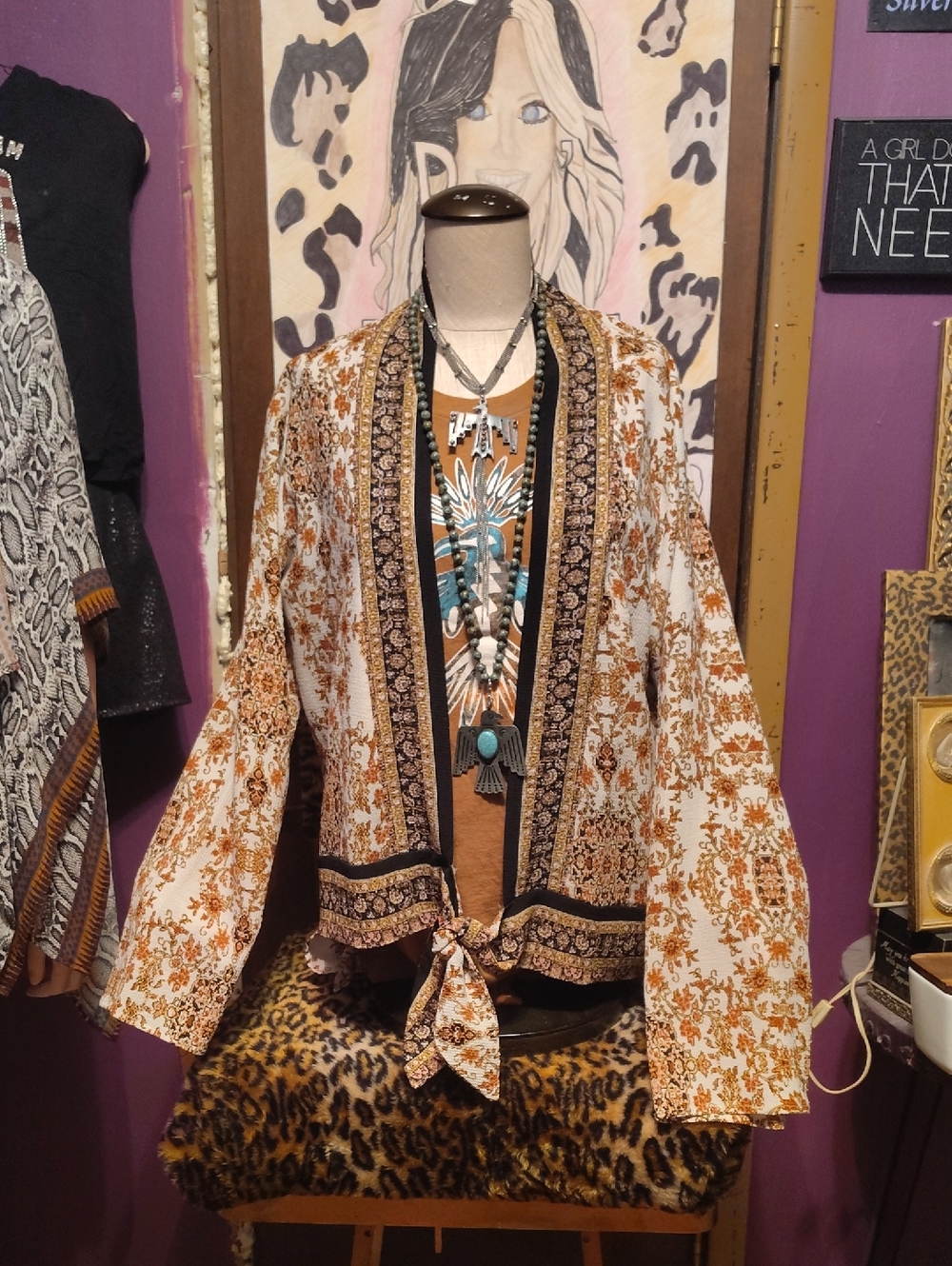 Ivory Love Boho Printed Tie-Front Jacket - Rust Floral